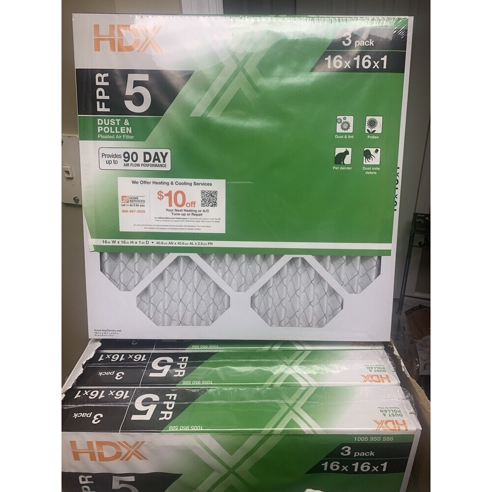 Lot Of 12 - HDX FPR 5 Standard Pleated Air Filter 16in X16in X 1in Sealed